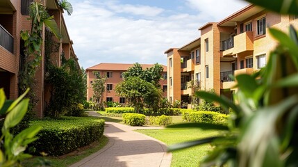 An apartment complex with a walkway and greenery in a suburban area
