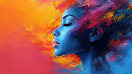 colorful and vibrant illustration of a woman's head representing mental health and creativity, painted in splashes of color and abstract shapes, promoting mindfulness and self-care