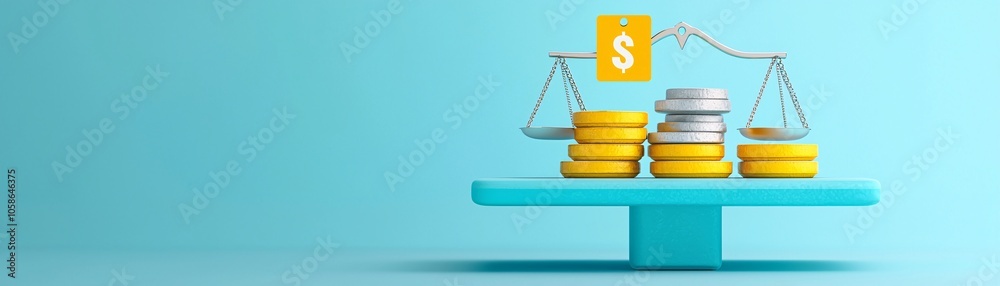 Poster a minimalist scene featuring a price tag and value icon balanced on either side of a scale, illustra