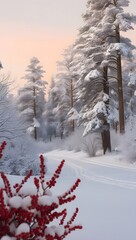 Stunning Winter Sunrise with Snow-Laden Trees and Bright Red Berries in a Serene Forest Scene - Beautiful Snowy Landscape Photography Capturing the Tranquil Essence of Nature in Winter.