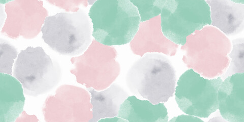 Abstract seamless pattern, background, print with green, pink, gray watercolor shapes and stains. Repeating vector design 