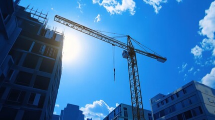 Fototapeta premium A construction crane stands tall against a bright blue sky, with buildings in the background.