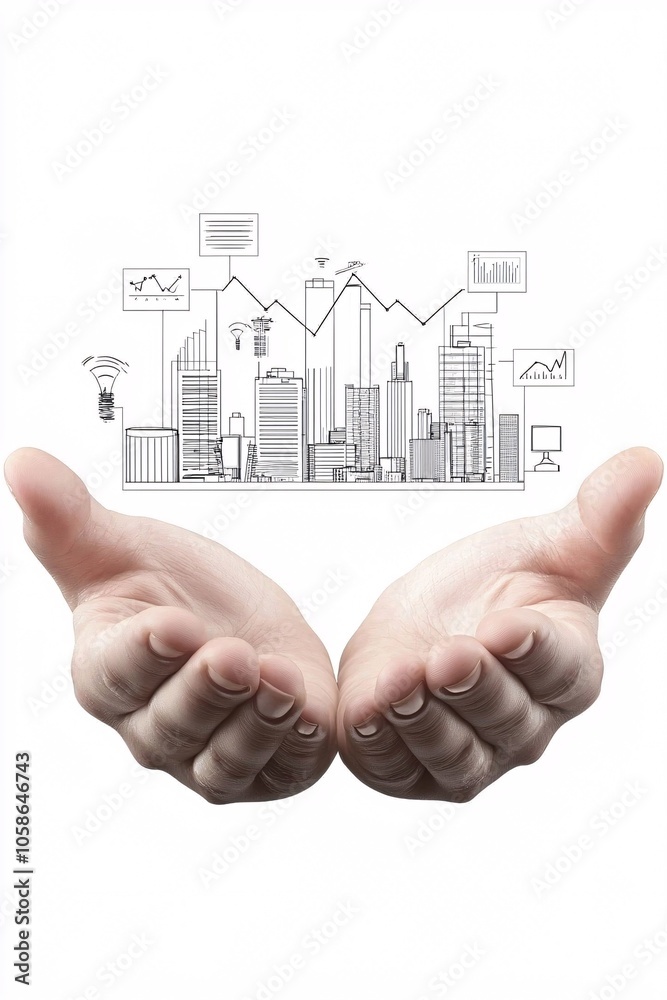 Poster close-up of hands holding a document with cost-benefit analysis charts, while icons representing pri