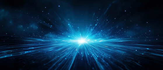 Fototapeta premium Cosmic explosion of blue light and energy particles, Abstract background banner