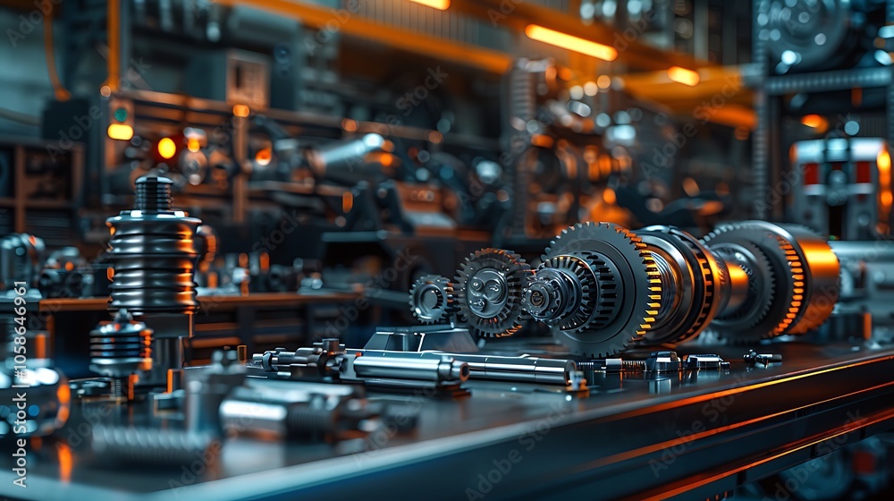 Poster A detailed workspace featuring intricate gears and mechanical parts illuminated by warm lighting, showcasing a blend of precision engineering and creativity.