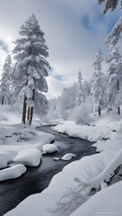 Stunning Winter Landscape of Snow-Covered Trees and Tranquil River Stream Surrounded by Snow in Forest.