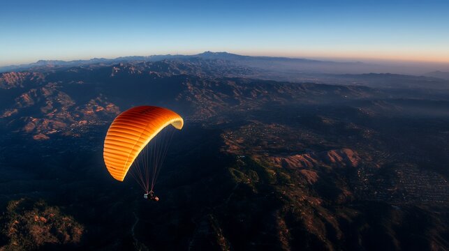 A paraglider soars above a mountain range at sunset.