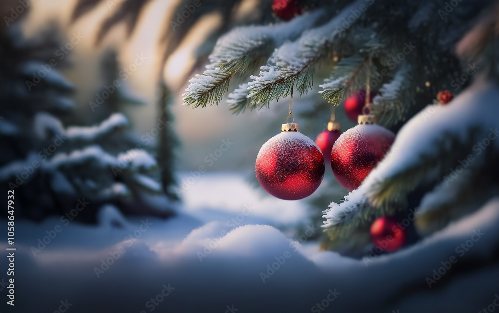 Aufkleber red christmas ornaments hang from a snow-covered evergreen tree branch against a blurry background o