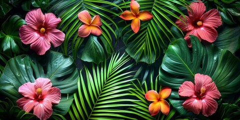 Fototapeta premium Elegant floral lettering celebrating Father's Day surrounded by lush tropical leaves and vibrant blooms in a serene setting