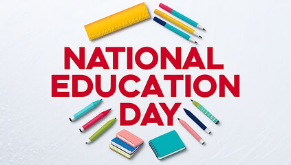 "National Education Day" text in elegant, serif font with a book and pencil illustration, set against a soft gradient background, conveying a sense of inspiration and respect for education.