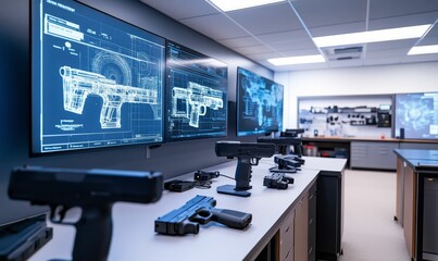 Naklejka premium Guns on table with schematics on screens.
