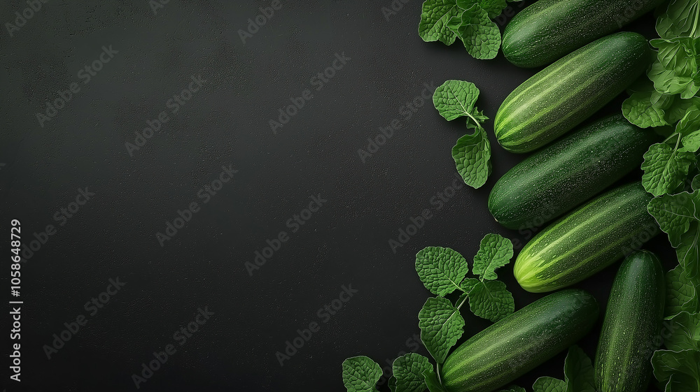 Poster fresh cucumbers and green leaves arranged on dark background, creating vibrant and organic display