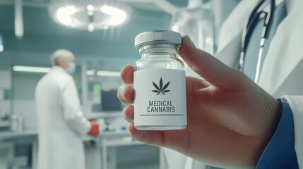 Scientist holds labeled bottle with medical cannabis in modern laboratory setting