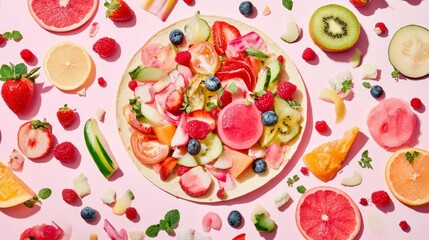 Vibrant still life of fresh fruit slices and whole fruits arranged on a plate against pink background