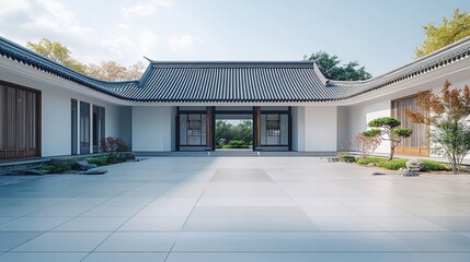 Traditional Chinese Anhui Hui-style Architecture with White Background, Platform, Roads, Parking Lots, and Brick Pavements for Car Advertisement Background