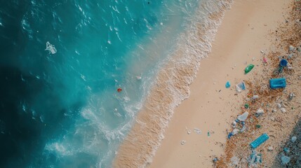 Aerial view of a polluted beach with plastic debris washing ashore.