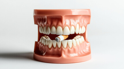 Dental model with plastic teeth holding a lit cigarette between its upper and lower jaws on a plain background.