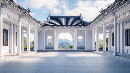 Obraz premium Traditional Chinese Anhui Hui-style Architecture with White Background, Platform, Roads, Parking Lots, and Brick Pavements for Car Advertisement Background