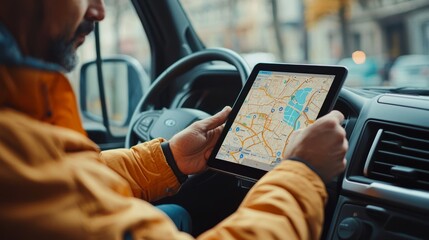 Close-up of a delivery driver using a tablet with ai navigation tools to find the most efficient routes for multiple stops