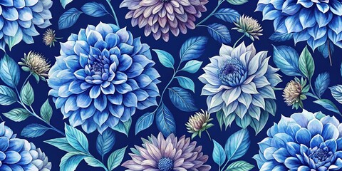 seamless indigo blue watercolor floral pattern with loose dahlia flowers