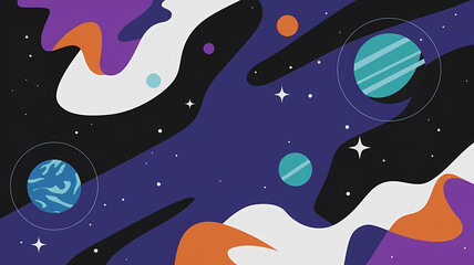 Fototapeta premium Abstract cosmic illustration featuring colorful planets and swirling patterns against a dark starry background.