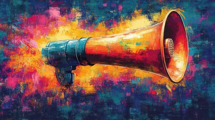 colorful megaphone illustrated against a vibrant backdrop, symbolizing marketing and advertising concepts, with bold typography and dynamic design elements that convey energy and creativity