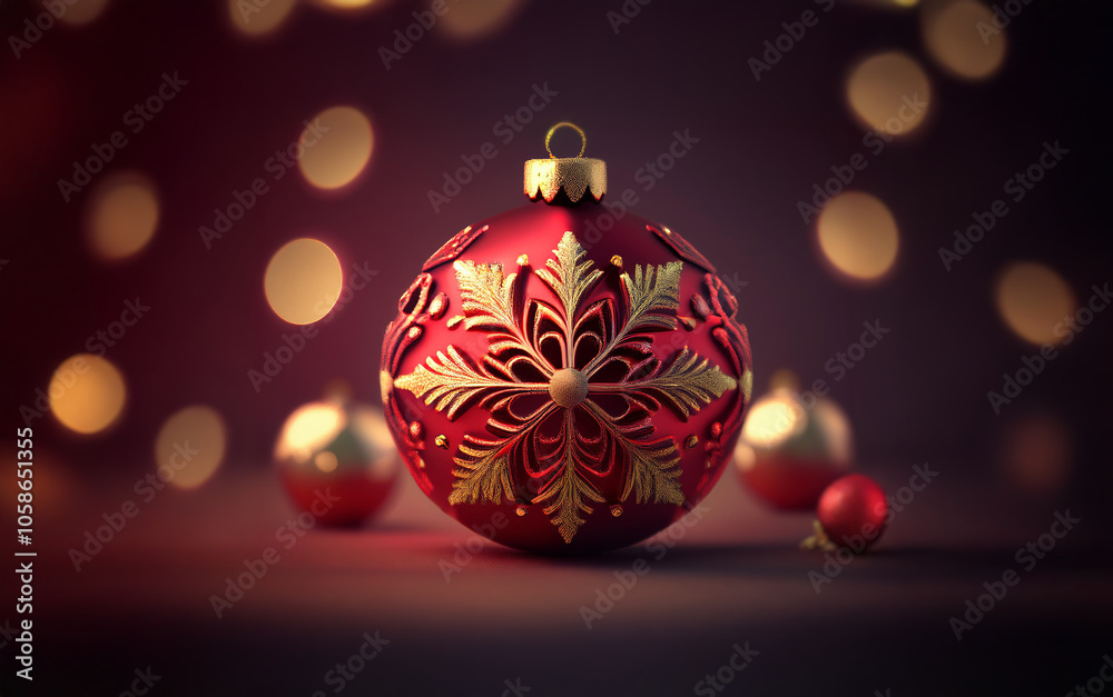 Poster a single red christmas ornament with a golden snowflake design sits in the center of the frame surro