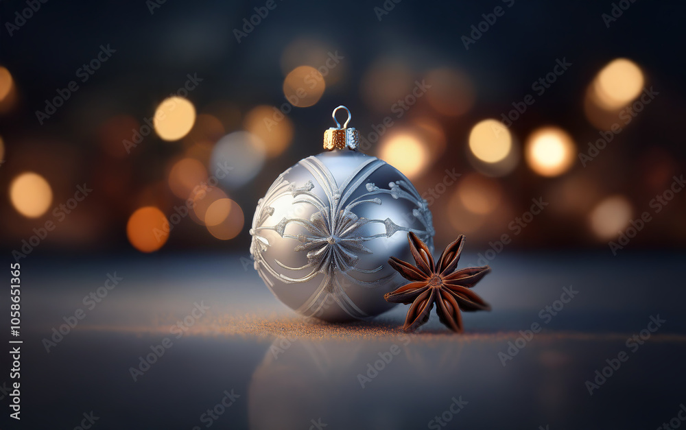 Poster a silver christmas ornament with an intricate design rests on a reflective surface, accompanied by a