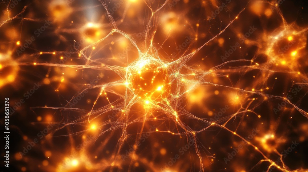 Poster abstract representation of a neuron with glowing, intricate network of connections.