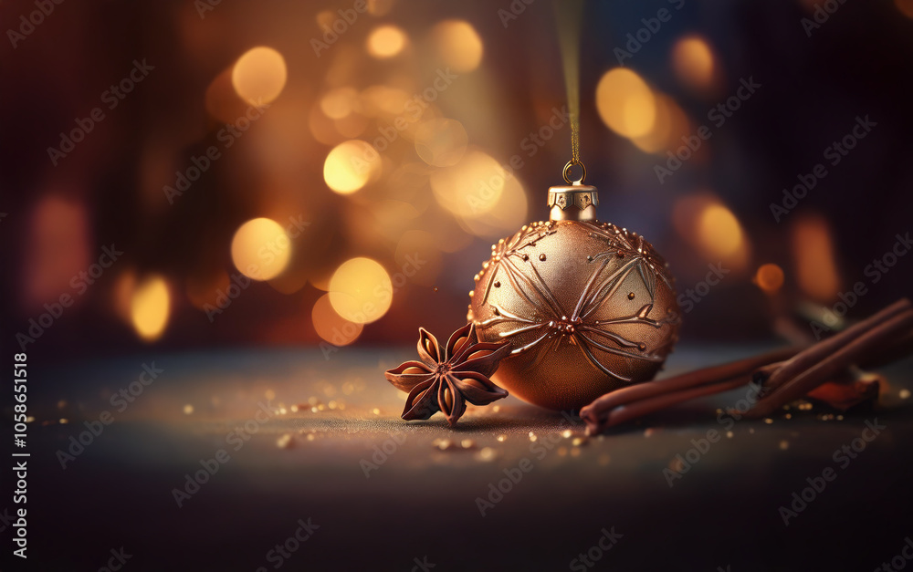 Poster A single golden Christmas ornament with star anise and cinnamon sticks resting on a table with a bokeh of warm lights in the background.