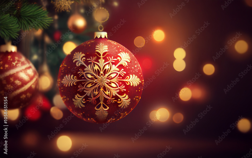 Poster A close-up of a red Christmas ornament with a gold snowflake design hanging from a tree branch.  The background is blurred and features warm bokeh lights.