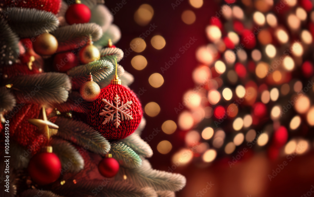 Poster two decorated christmas trees with red and gold ornaments and white snowflake decorations are illumi