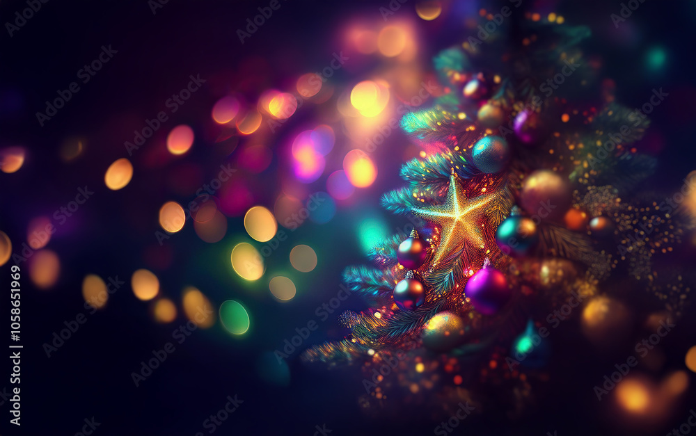 Poster a close-up of a decorated christmas tree with colorful ornaments and a star on top, against a dark b