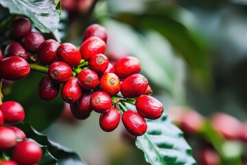 Obraz premium A close-up of ripe coffee cherries on a branch, showcasing their vibrant red color against green leaves.