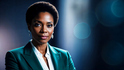 アフリカ出身のビジネスウーマンが会議でリーダーシップを発揮する職場風景。生成AI