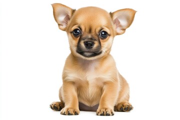 Chihuahua puppy, tiny with big eyes, curious and alert, fawn coat, large ears, playful expression