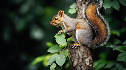 Close-up of a squirrel sitting on a tree branch in a forest, holding a green leaf, surrounded by lush foliage and a blurred background.