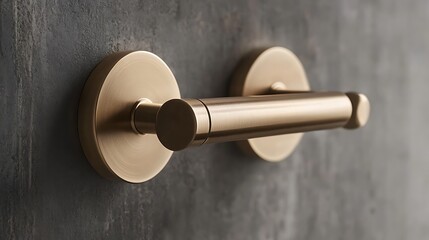 A close-up of a brushed gold toilet paper holder mounted on a gray textured wall.