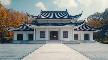 Obraz premium Traditional Chinese Anhui Hui-style Architecture with White Background, Platform, Roads, Parking Lots, and Brick Pavements for Car Advertisement Background