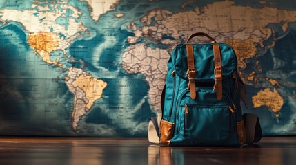 Naklejka premium A blue backpack sits in front of a world map, ready for adventure.