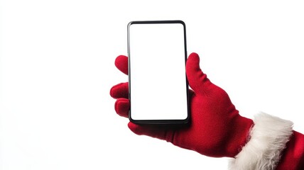 Santa claus Hand holding smartphone with blank screen,Christmas decoration,Shopping online,gifts,A phone with an isolated screen against the background of a Christmas,happy festive New Year.