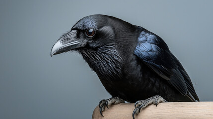 Fototapeta premium Close-up of a black crow with glossy feathers perched on a wooden surface against a neutral background.