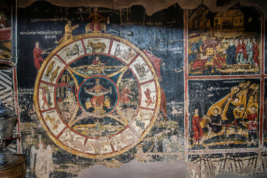 A human life cycle with astrological depictions or Rota Fortunae in the narthex of the historical church of Agioi Taxiarches