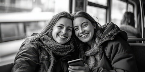 Two women smiling and sharing a phone on the bus, showing social connection during travel.