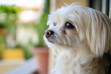 Maltese adult dog, elegant with long, silky white coat, standing confidently, gentle and sweet expression