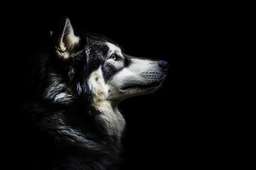 Alaskan Malamute adult dog, muscular with thick black and white coat, standing confidently, loyal and protective expression