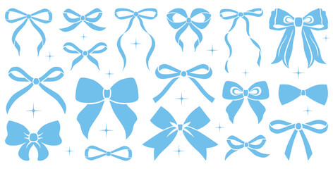 Fototapeta premium Simple hand drawn colorful ribbon bow collection. Bowknot for decoration, big set of bowtie. Large retro handdrawn ribbon illustration set. Set of various cartoon bow knots, gift ribbons. Blue color