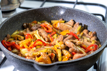 Beef with vegetables in soy sauce. onion, carrot, bell pepper. Food concept. Chinese food