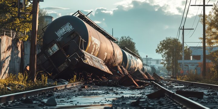Freight train derailed with tipped cars and spilled cargo, capturing an industrial mishap scene.