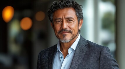 Fototapeta premium confident and happy mature hispanic businessman standing against a white background, holding a digital tablet, dressed in a stylish suit, showcasing wisdom and professionalism in a corporate setting